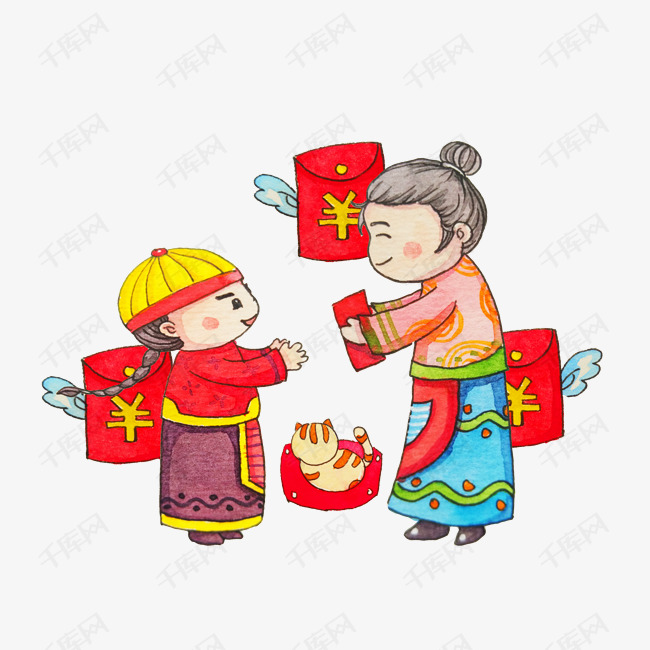 手绘春节收压岁钱