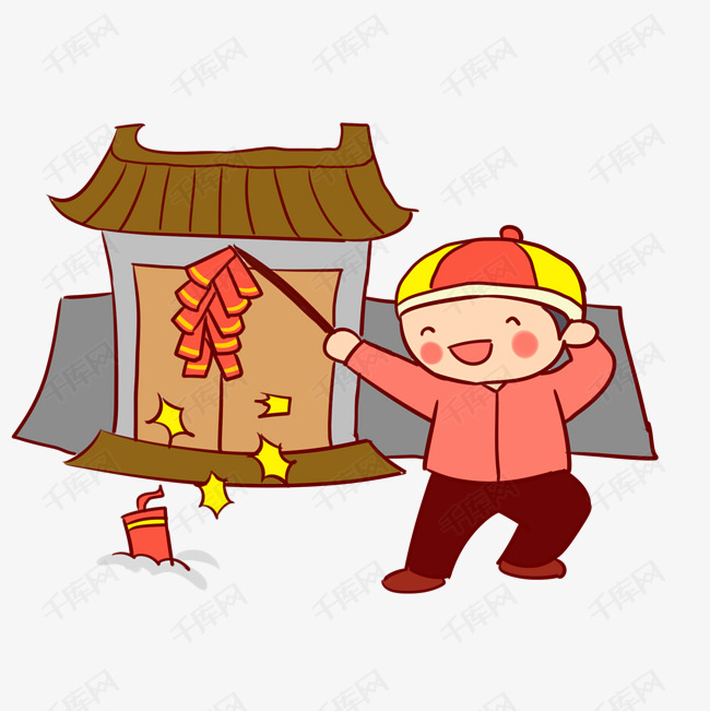 手绘春节放鞭炮的孩子插画