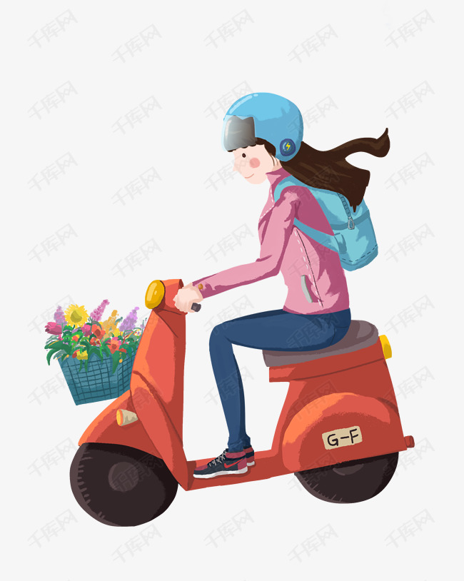 骑摩托女孩卡通手绘插画/png免抠元素
