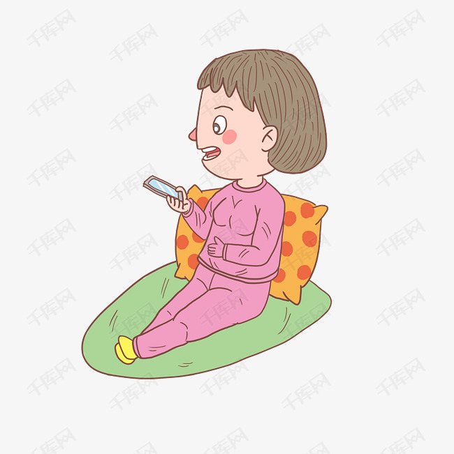 卡通手绘人物坐着玩手机女孩