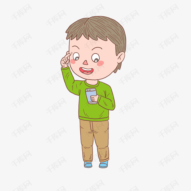 卡通手绘人物看手机纳闷男孩