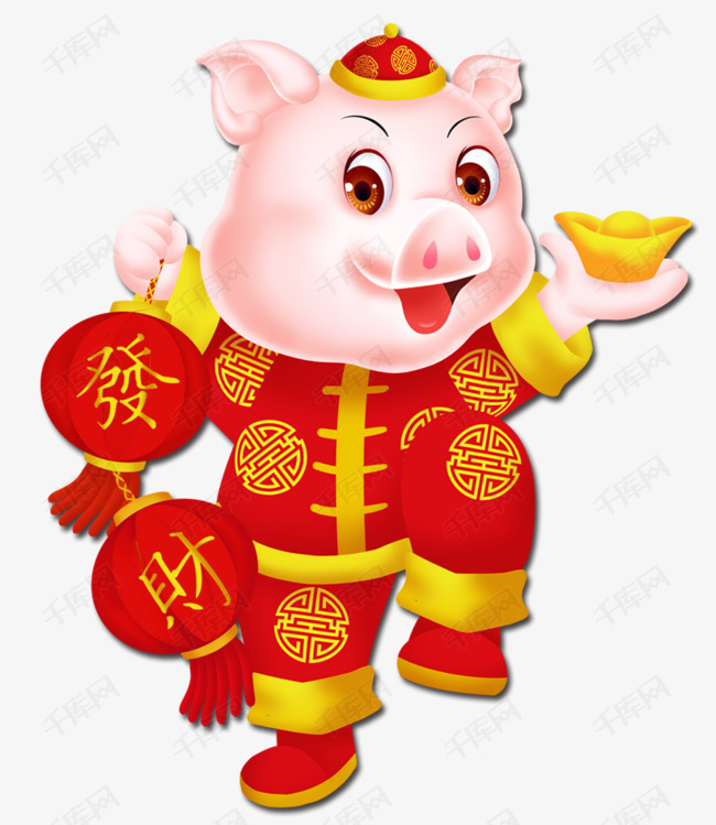 红黄色拿着元宝灯笼新年猪素材图片免费下载_高清psd
