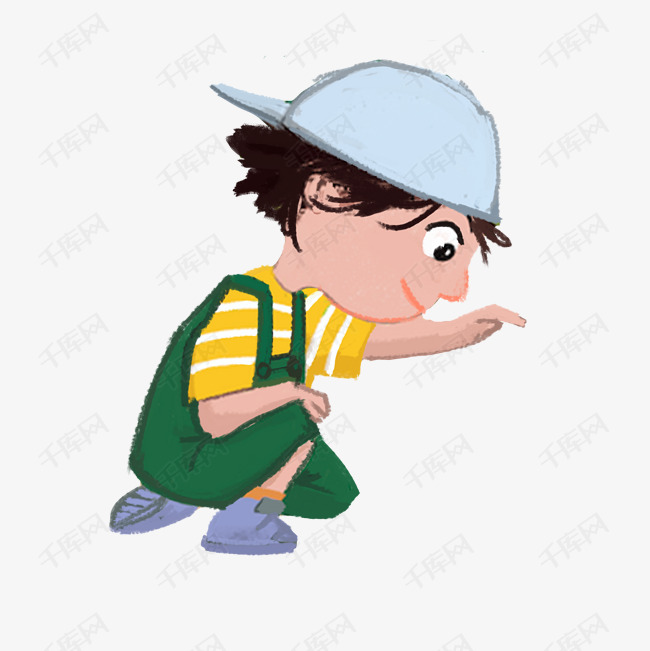 蹲着的小男孩插画png免抠