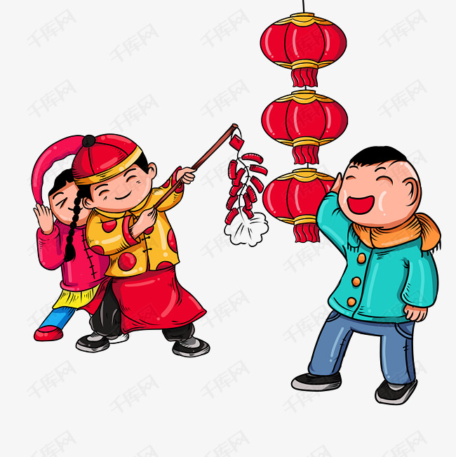 手绘卡通喜庆新年场景放鞭炮