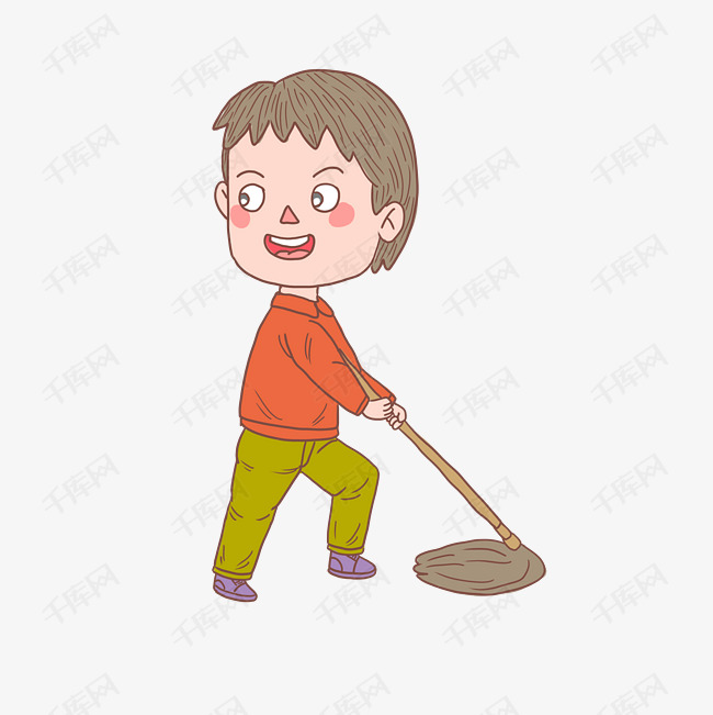 卡通手绘人物拖地男孩