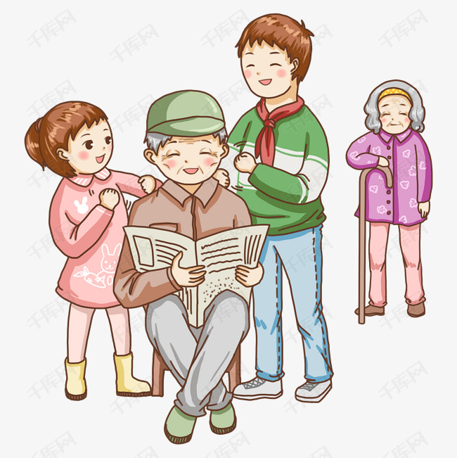 小学生一起孝敬老人给爷爷捶背