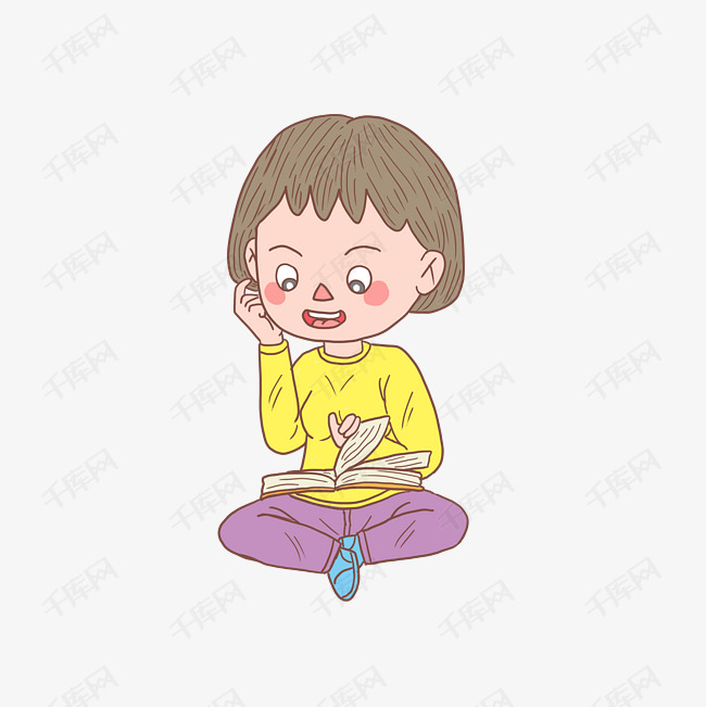 卡通手绘人物阅读看书女孩