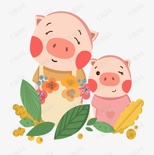 卡通手绘猪年小猪猪妈妈与小猪
