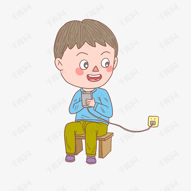 卡通手绘人物给手机充电少年