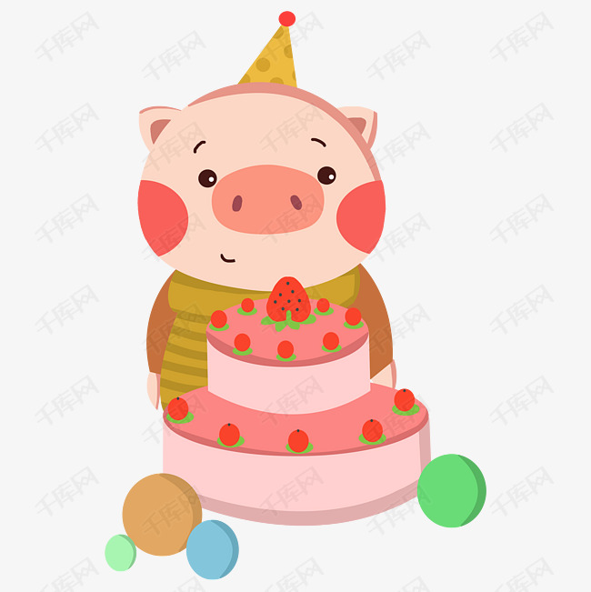 卡通手绘猪年可爱呆萌小猪吃蛋糕过生日小猪
