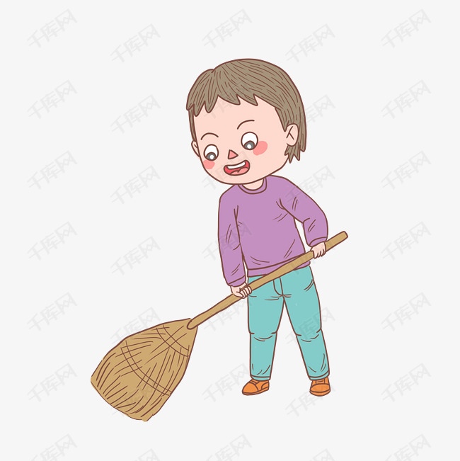 卡通手绘人物打扫院落男孩