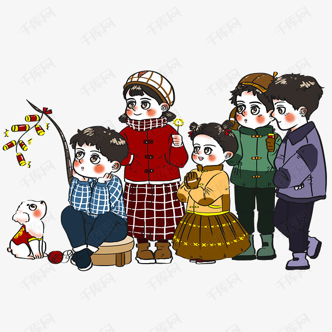 冬季小孩子和家人们一起放烟花卡通人物场景