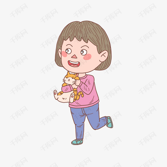 卡通手绘人物抱猫少女