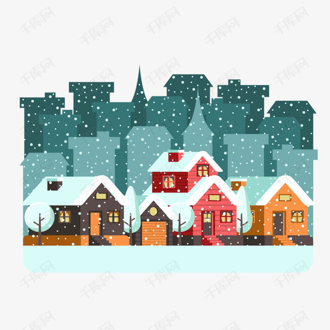 创意雪中的城市房屋矢量图的素材免抠卡通小镇房子建筑下雪冬季矢量图