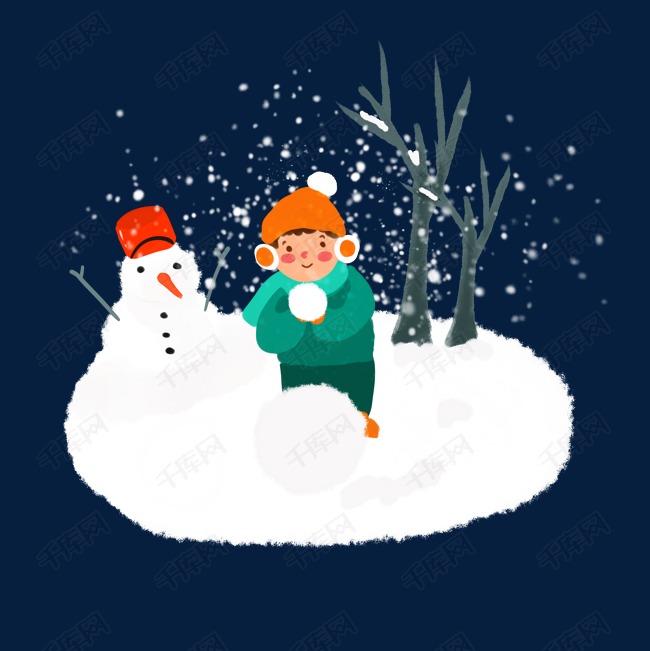 冬天卡通男孩堆雪人玩雪绘本png素材图片免费下载_psd
