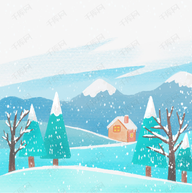 免抠元素 小清新 手绘冬季下雪房屋场景