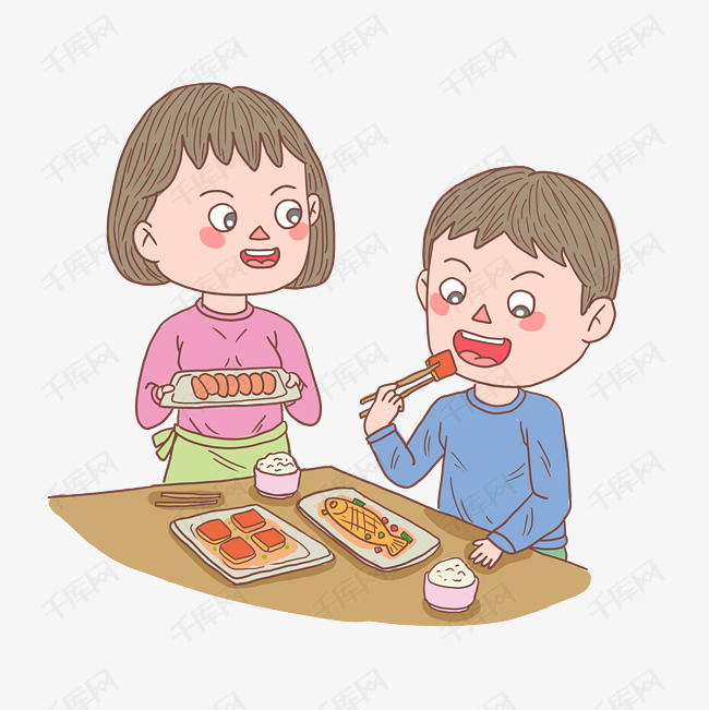 卡通手绘人物夫妻吃晚餐