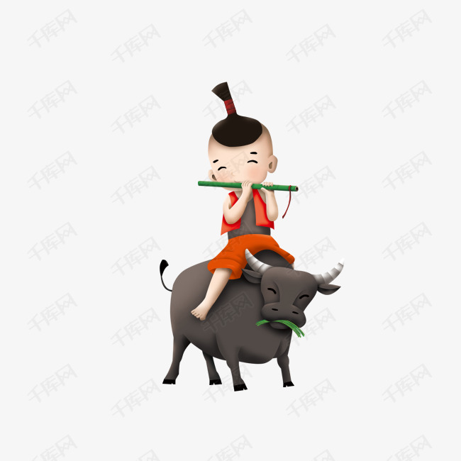 卡通手绘吹笛子的牧童和牛