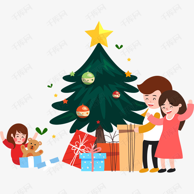 手绘圣诞节一家三口拆礼物装饰