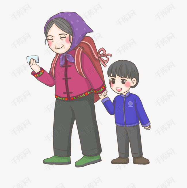 春运奶奶带孙子回家png