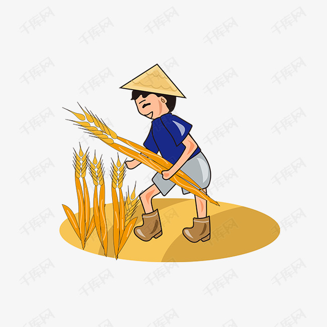 卡通手绘农民收割麦子