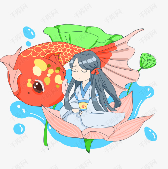 卡通手绘美丽女孩与锦鲤创意海报
