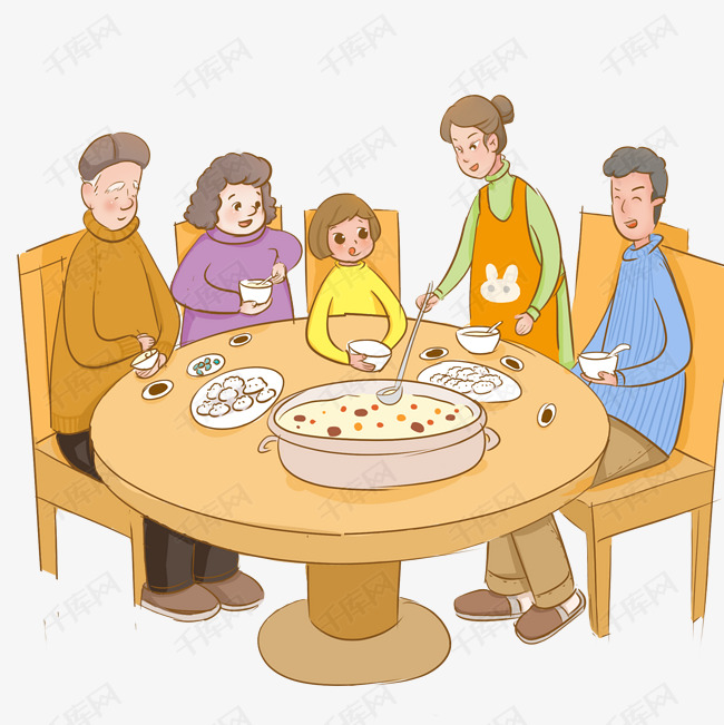 手绘卡通新年一家人吃团圆饭