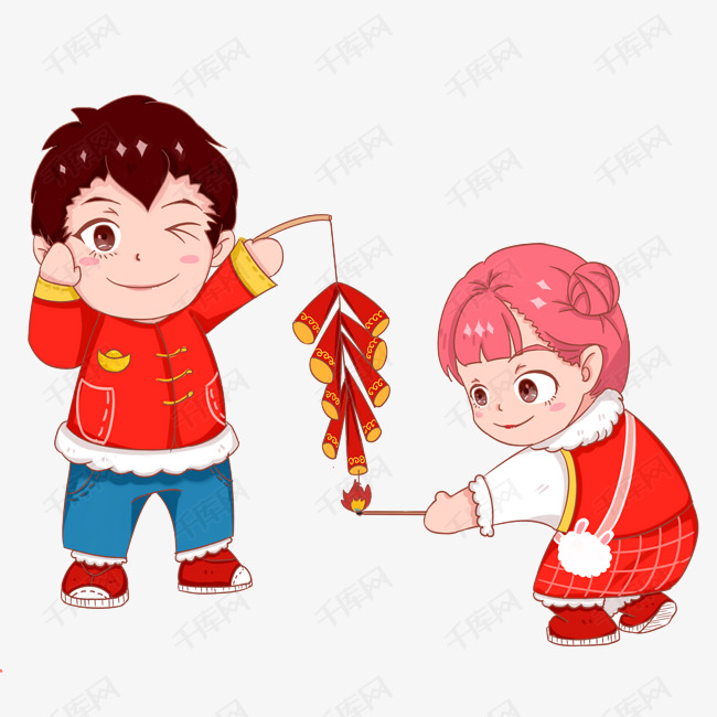 2019年新年吉祥男孩女孩放鞭炮素材图片免费下载_高清