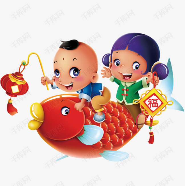 传统中国风年画元素的素材免抠传统文化传统节日年画打灯笼红鲤鱼迎