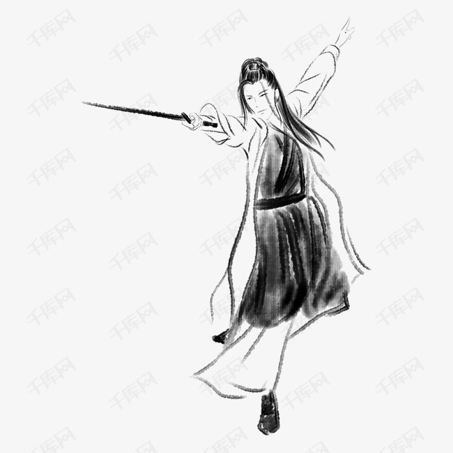 舞剑的水墨侠插画