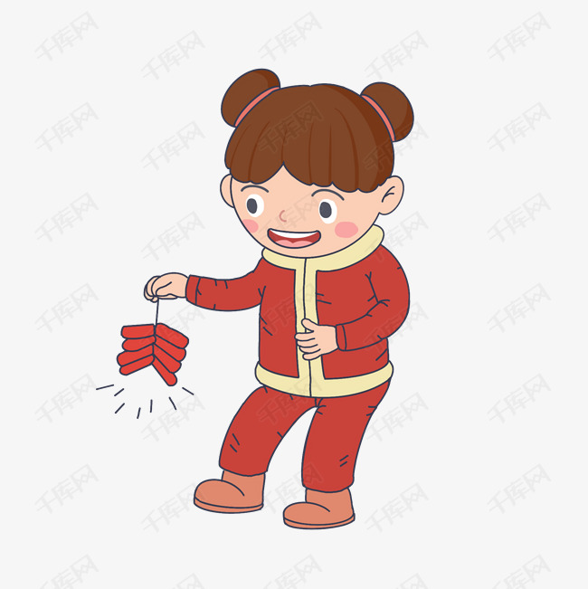 新年卡通手绘人物放鞭炮女孩素材图片免费下载_高清