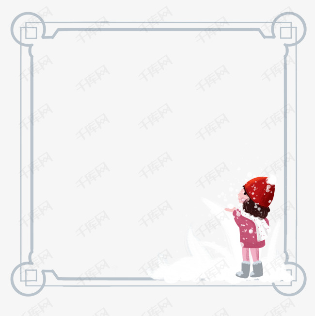 大雪边框淡蓝色手绘卡通小女孩玩雪戴帽子的女