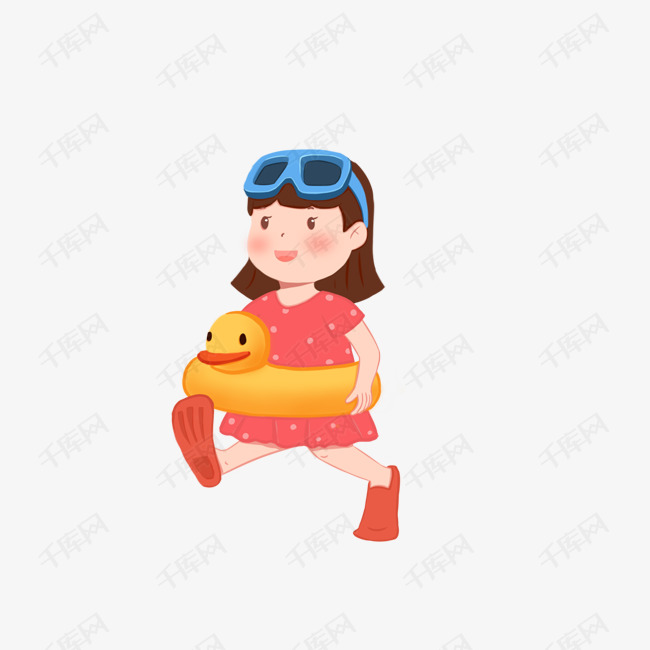 卡通手绘戴着游泳圈可爱的女孩