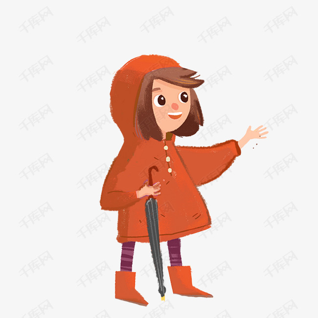 穿雨衣拿着雨伞的女孩插画png