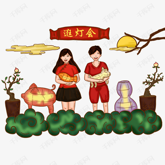 手绘卡通新年复古插画春节习俗逛灯会