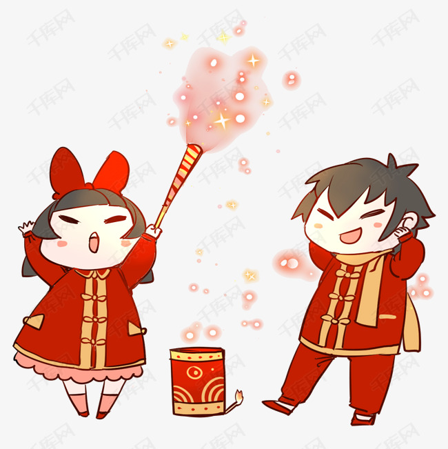 2019年新年过年好唐装孩子们放烟火新年快乐