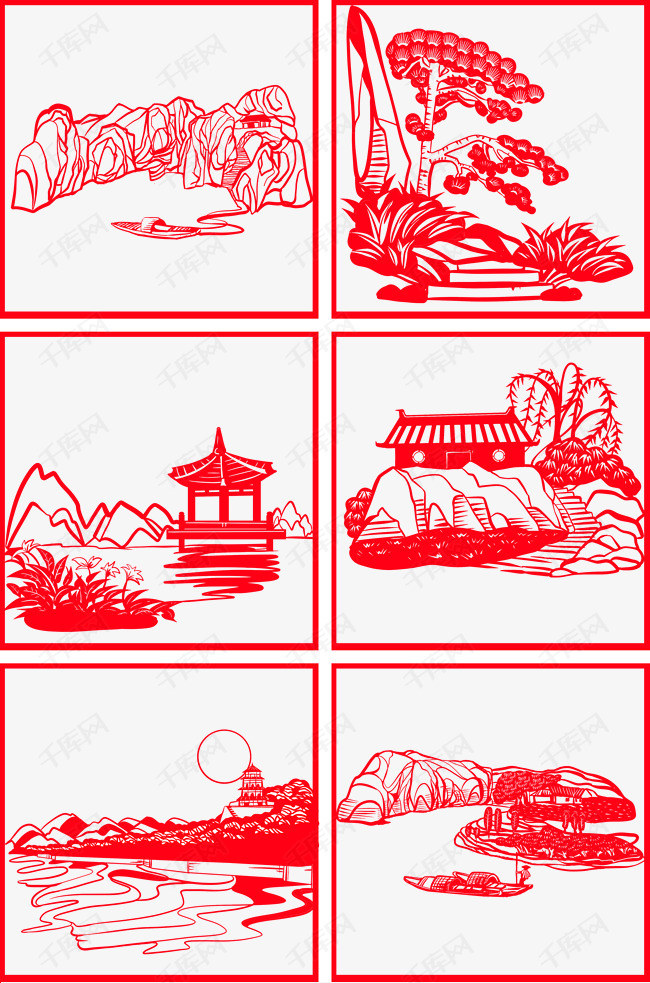 手绘中国风猪年世界名胜古迹风景区剪纸窗花古城风景中
