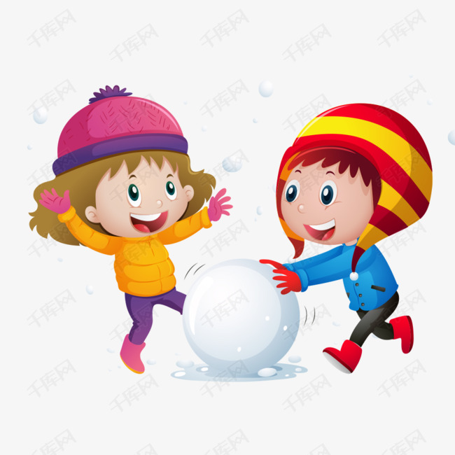 可爱卡通冬天玩雪球的小朋友