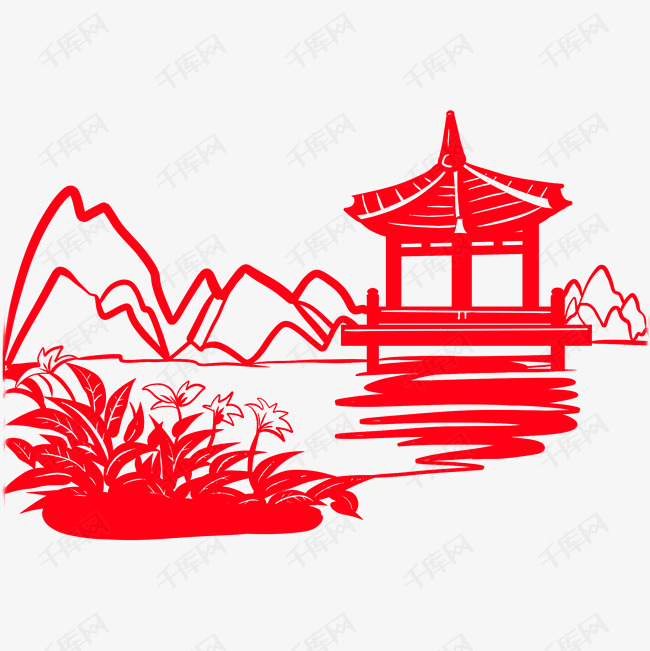 手绘中国风猪年世界名胜古迹风景区剪纸窗花亭台间