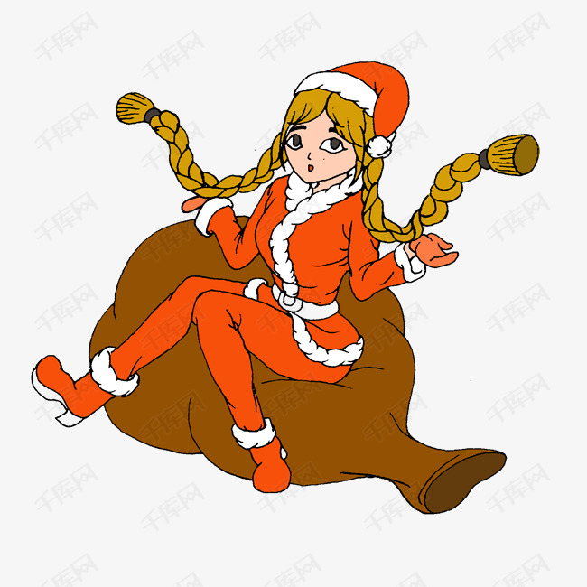 圣诞节红色手绘从天而降的圣诞女孩免扣