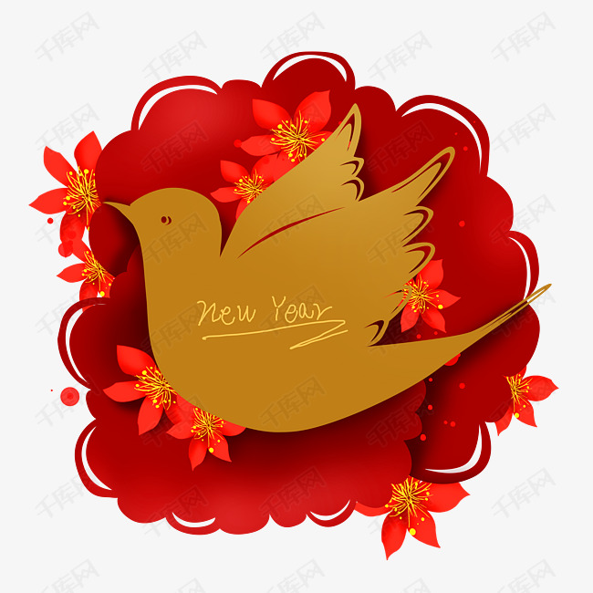 新年花鸟红色文字框素材图片免费下载_高清psd_千库网