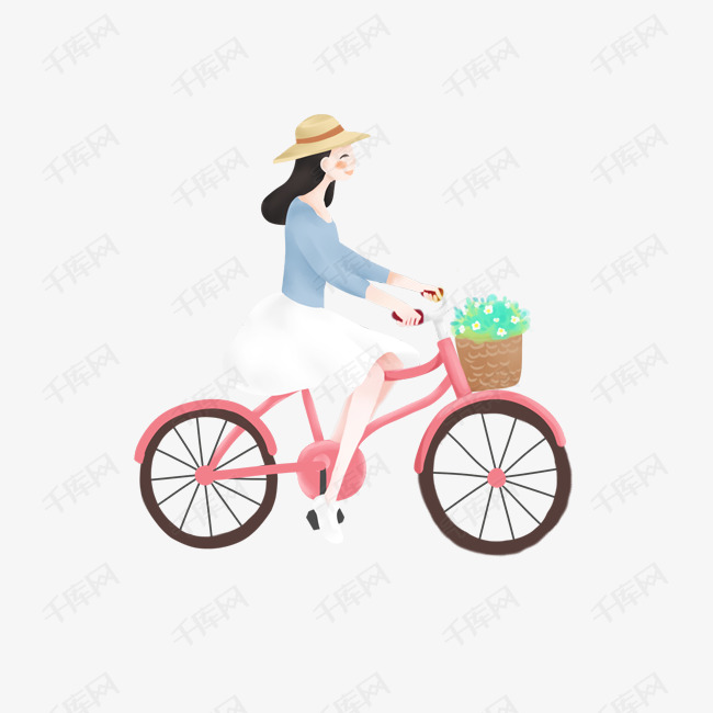 手绘小清新骑自行车的女孩