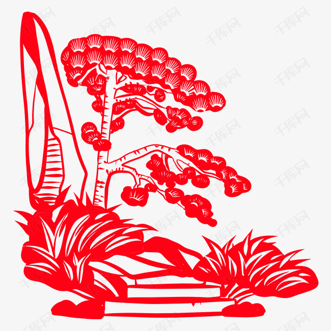 手绘中国风猪年世界名胜古迹风景区剪纸窗花松树下