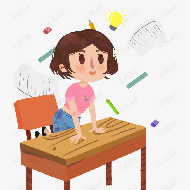 卡通手绘撑着桌子往前看的女孩