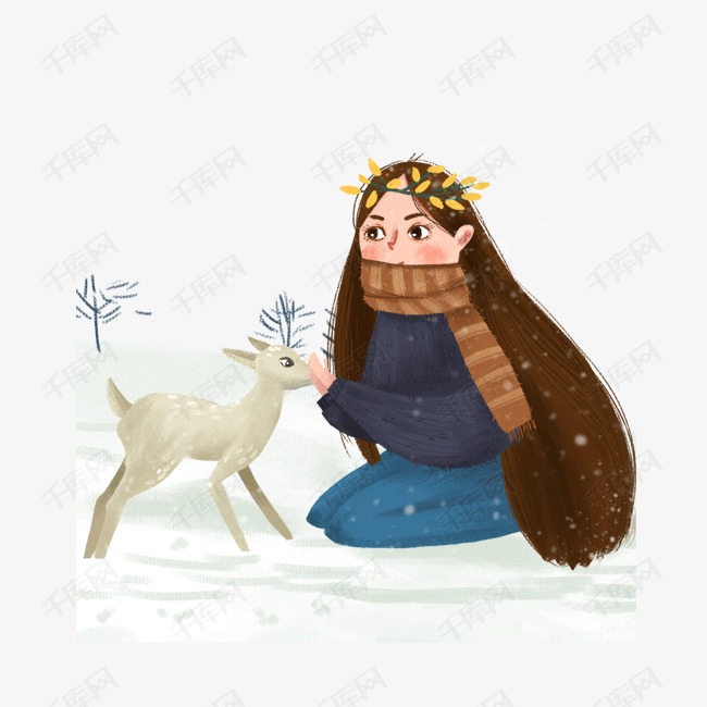 手绘雪地里的女孩和小鹿