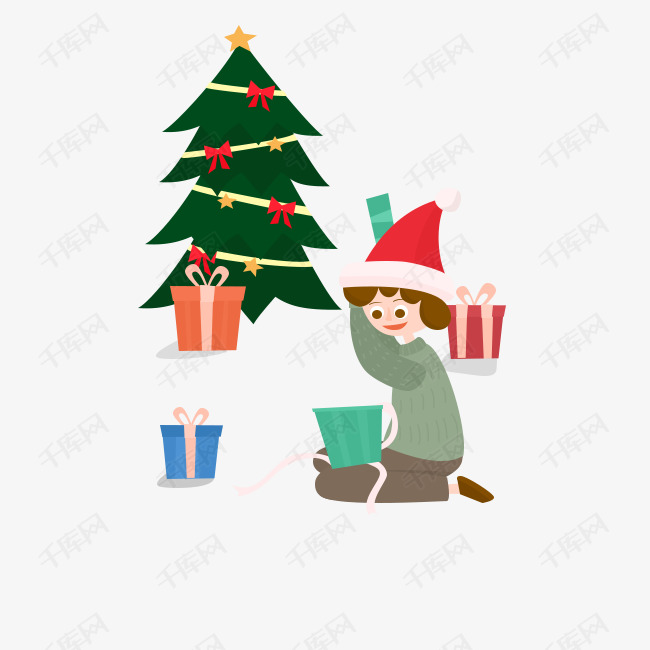 卡通手绘圣诞节拆礼物的女孩