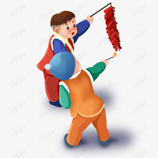 新年小男孩放鞭炮手绘插画素材图片免费下载_高清psd