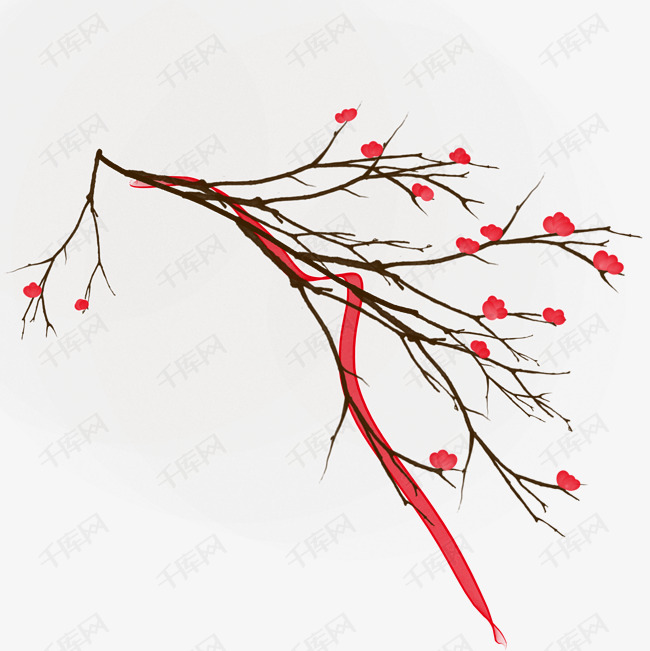 插画的素材免抠漂亮的小花红色的丝带红色的小花古风花枝手绘花枝植物