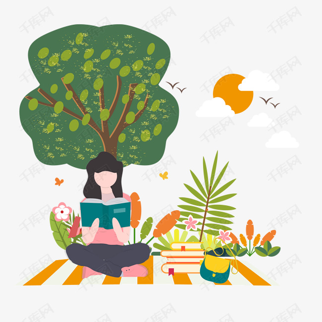 卡通插画风树下看书的女孩