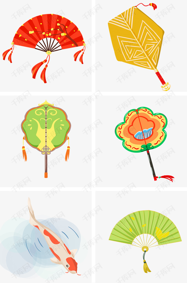 中国风扇子集合手绘插画